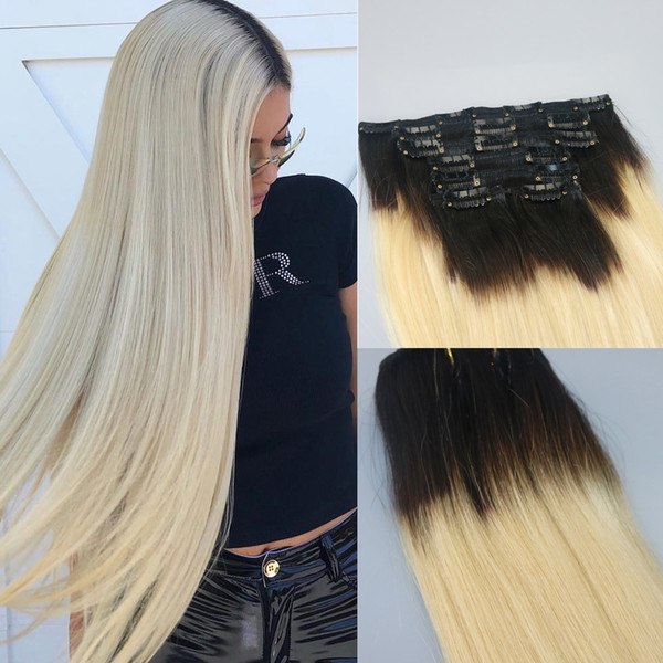 120g 7Pcs Human Hair Extensions T1b/613 Ombre Color Black To Russian Blonde Clip In Human Hair Extensions Highlights