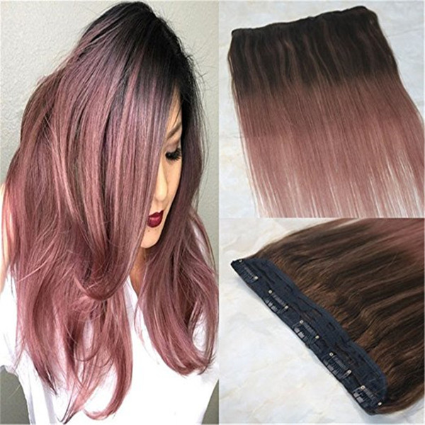 Omber Balayage Rose Gold One Piece Clip in Hair Extensions 5 clips Straight Remy Hair Salon Quality 9A Grade 3/4 Full Head