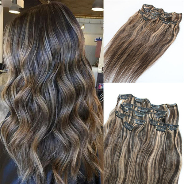 7pieces 120g Piano Color Human Hair Extensions Clip in Ombre Two Tone 2# Brown to 27# Blonde Highlights Wholesale