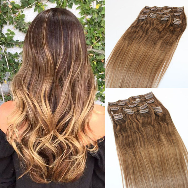 Clip In Human Hair Extensions Brazilian Virgin Hair Three Tone Ombre Dye Color Balayage Blonde Highlights 9pcs 120gram