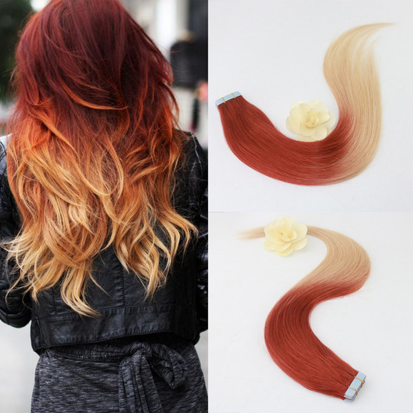 Ombre Human Hair in Extensions of Tape Ombre Weave Color #35 Fading to #613 Skin Weft Remy Human Hair 50g 20Pcs Per Package