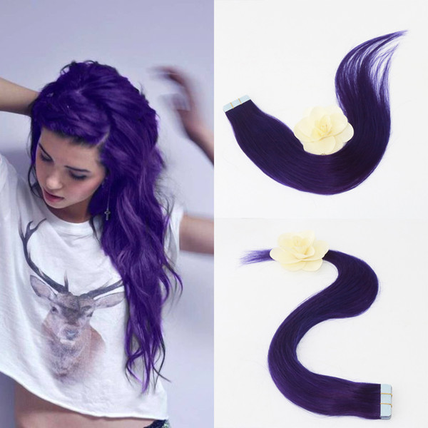 Wholesale Remy Seamless Tape Skin Weft Human Hair Extensions Purple Color 20 Pcs 50g Per Set