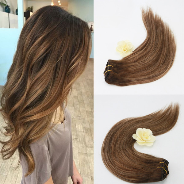 Unprocessed Wholesale Cheapest 100g Human Hair Pieces Full Head Cheap Balayage Color 4/27# Clip In Hair Extensions