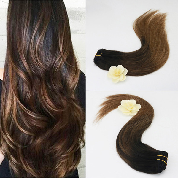 Fashion Hair 7Pcs 100g 100% Natural Peruvian Human Hair Weave Clip In Hair Extension Balayage 2/6# Brazilian Straight