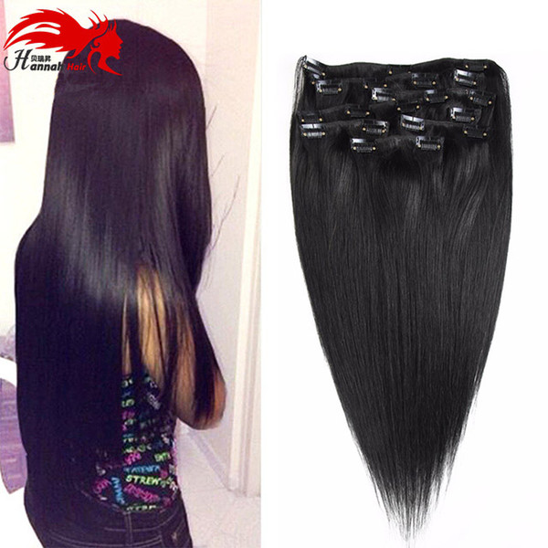 Hannah Brazilian Virgin Hair Straight Clip In Human Hair Extensions 20 inch Full Head 1B Black Soft Remy Human Hair Clip in Extension