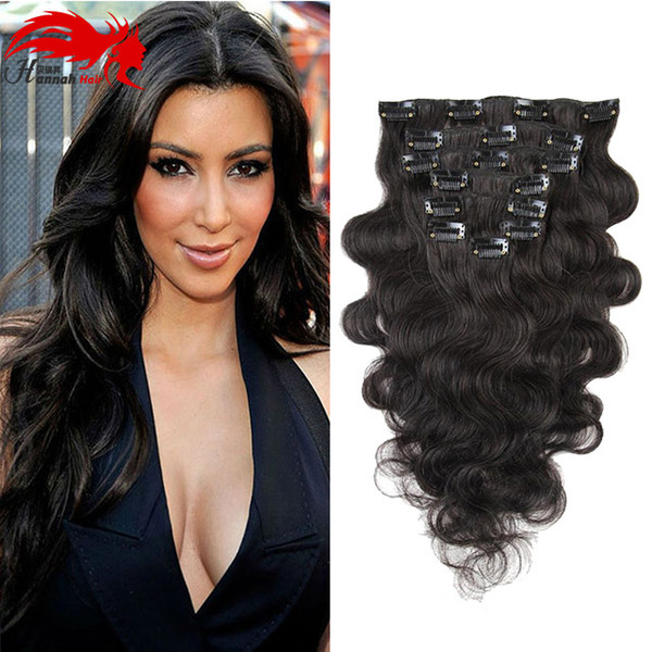 Hannah product 7 Pieces/Set Clip In Human Hair Extensions Body Wave Natural Color 70G Remy Hair 10-26 inch