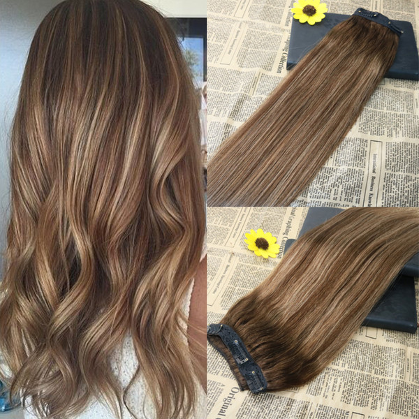 5 Clips One Piece Clip In Human Hair Extensions With Lace Straight Brazilian Virgin Hair Ombre #4 Fading To #27 Color