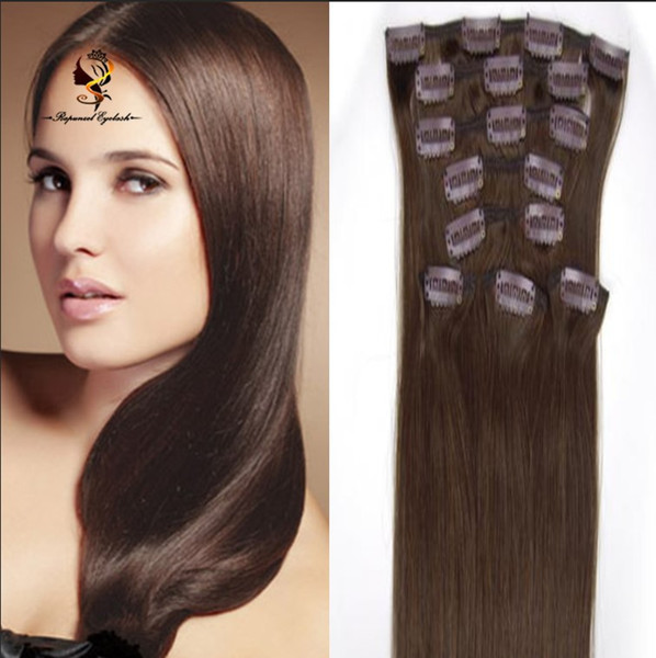 Cuticle aligned hair #2 dark brown brazilian hair clip on hair extensions