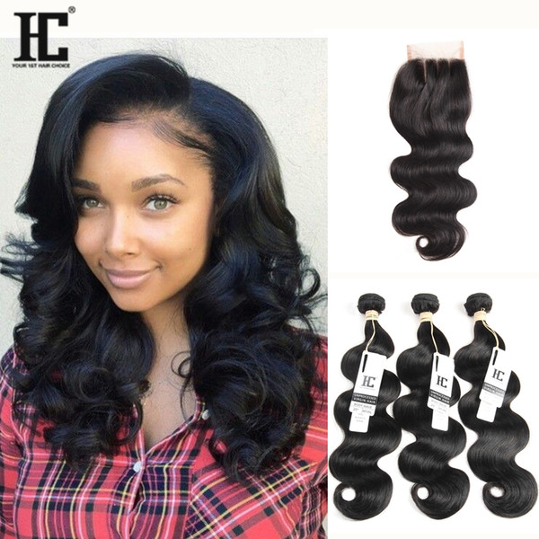 HC Hair Peruvian Bundles Body Wave Human Hair Lace Closure 3 Bundles With Closure Weaves Closure Cheap Hair Extensions