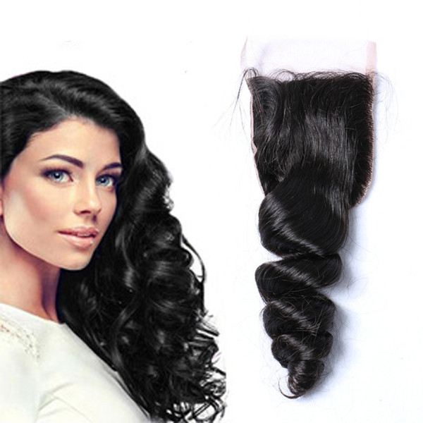 LUMENG 4x4 Free Part Loose Wave Lace Closure 100% Indian Human Hair with Baby Hair Natural Color