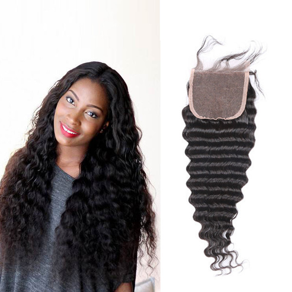 LUMENG Deep Wave Lace Closure Indian Remy Hair 4x4 Free Part 100% Human Hair with Baby Hair Natural Black Color