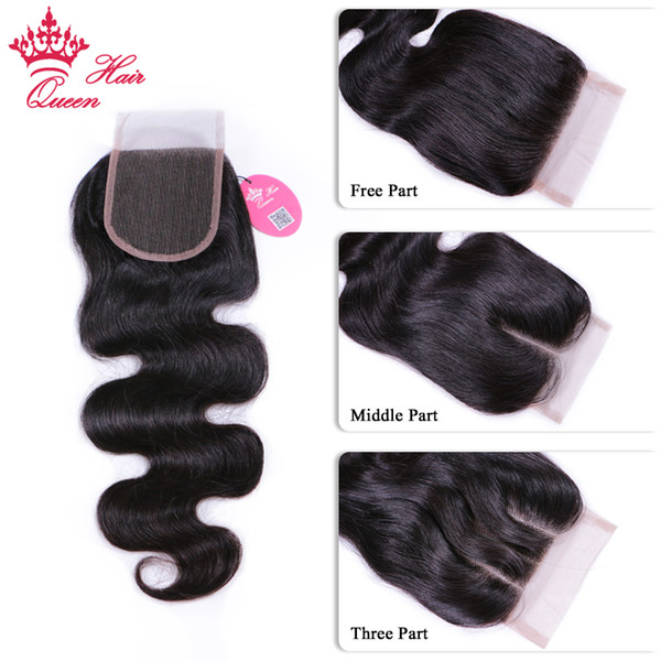 Queen Hair Products Lace Closure Brazilian Body Wave Virgin Hair Free/Middle/Three Part 4''x 4'' Natural Color 1B 100% Human Hair