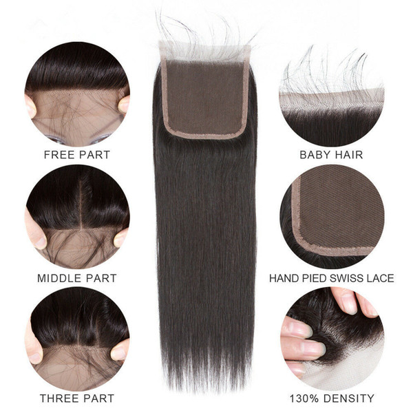 100% Human Hair 4x4 Closure With Baby Hair Straight Hair Top Lace Closure Swiss Lace Closure Free Part Middle Part Three Part