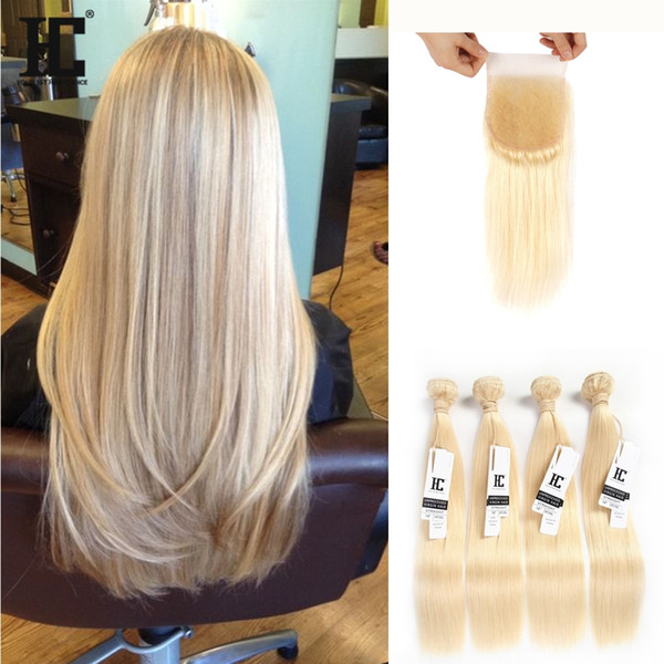 HC 5Pcs Lot Virgin Peruvian Blonde Hair With Closure Bleached Knots Straight 613 Honey Blonde Hair Bundles With Lace Closure