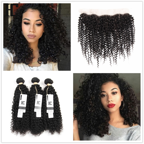 HC Brazilian Curly Virgin Human Hair 13*4 Ear to Ear Lace Frontal With 3 Bundles Unprocessed Brazilian Kinky Curly Hair With Frontal Closure