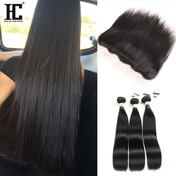 HC Hair Peruvian Virgin Hair Straight 3 Bundles With Lace Frontal Closure Straight Human Hair Ear To Ear Lace Frontal with Bundles