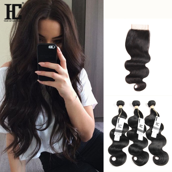 HC Hair Brazilian Body Wave 3 Bundles With Closure 100% Unprocessed Hair Brazillian Body Wave Bundles Human Hair Lace Closure 4*4 Extensions