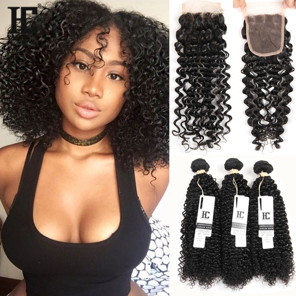 HC Hair Brazilian Kinky Curly 3 Bundles with Closure Free Middle 3 Part Double Weft Human Hair Extensions Dyeable Human Hair Weave