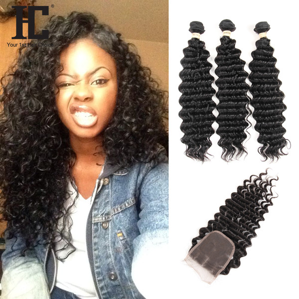 HC Hair Brazilian Body Wave Human Hair Products With closure 3Pcs Brazilian Virgin Hair Bundles with Closure 4*4