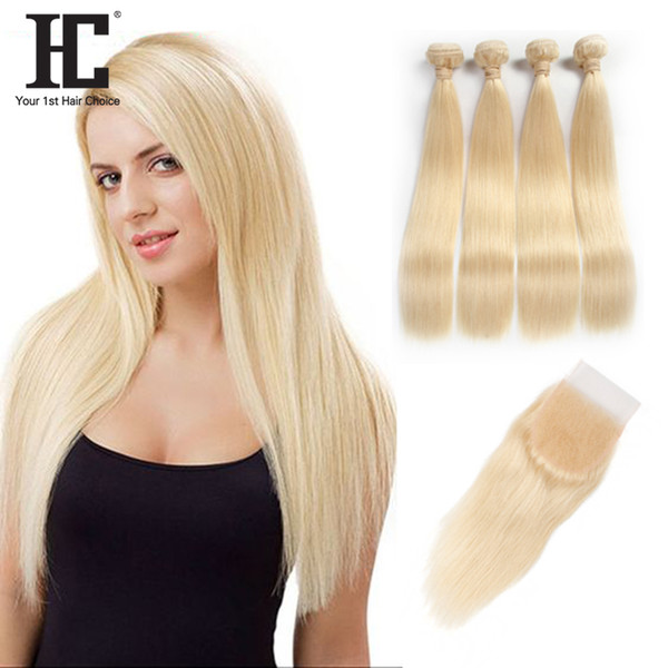 HC Hair 613 Straight Virgin Hair 4 Bundles With Lace Closure Roots Blonde Brazilian Human Hair Weaves With Lace Frontal