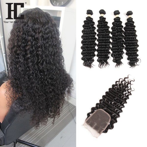 HC Hair Deep Wave 4 Bundles With 4x4 Lace Closure Peruvian Deep Wave Virgin Hair Weave Bundle Human Hair Extensions