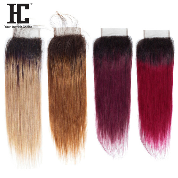 HC Ombre Closure 1B/27 30 99j burgundy Two Tone Grade Brazilian Straight Hair Weave 4x4 Lace Free/Middle/Three Part 10-20 Inch