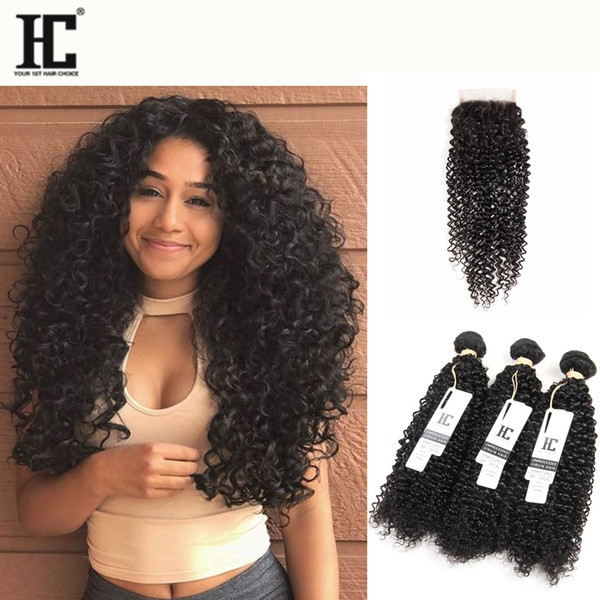 HC Brazilian Hair Bundles Closure Kinky Curly 100% Unprocessed 3 Bundles Human Hair With Closure Extensions Hair Bundles With Closure