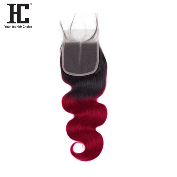 HC Brazilian Human Hair Lace Closure Ombre 1b/burgundy Pre-color 4*4 Middle Part Lace Closure 10-20 Inch 