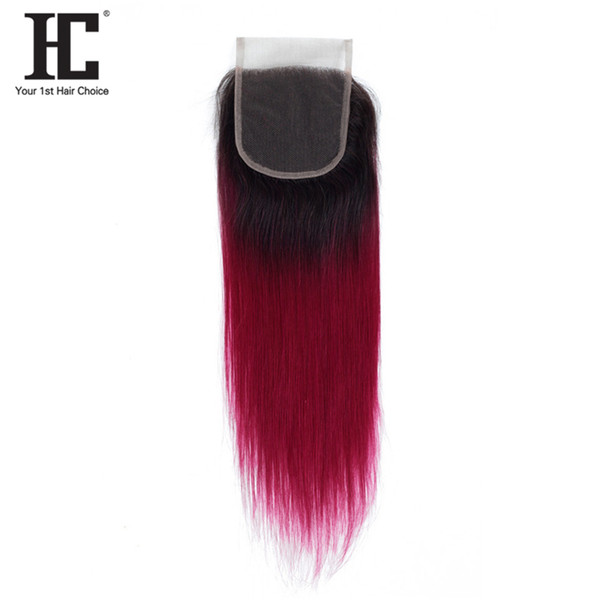 HC Ombre Lace Closure 1B/burgundy Two Tone 8A Grade Brazilian Straight Hair Weave 4x4 Lace Free Part 10-20 Inch