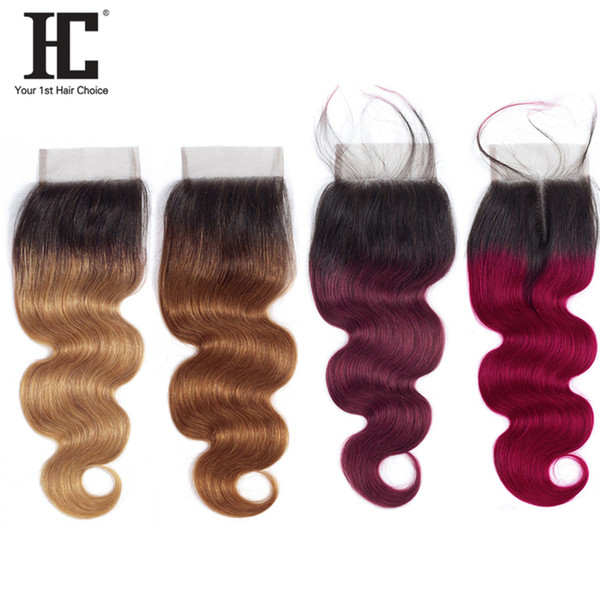 HC Ombre 1B/27 30 99j burgundy Two Tone Brazilian Body Wave Hair Weave 4x4 Lace Free/Middle/Three Part 10-20 Inch