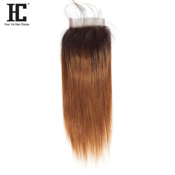 HC Hair Straight Ombre Closure 1B/30 Two Tone 8A Grade Hair Weave 4x4 Lace Free Part Closure Medium Brown Lace