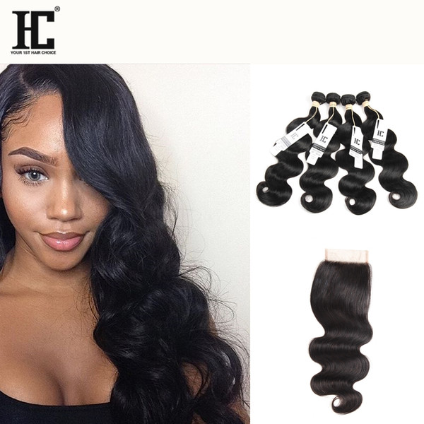 8A Brazilian Virgin Hair with closure Extensions 4 Bundles Brazilian Body Wave With 4x4 Lace Closure Unprocessed Remy Human Hair Weave