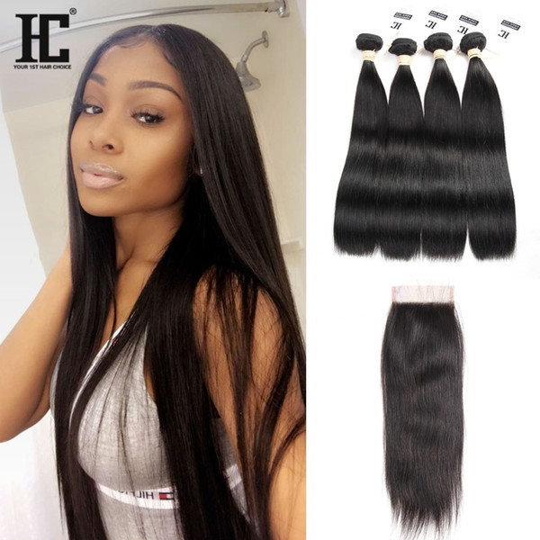 Brazilian Straight Human Hair Weaves Extensions 4 Bundles with Closure Free Middle 3 Part Double Weft Dyeable Bleachable 100g pc