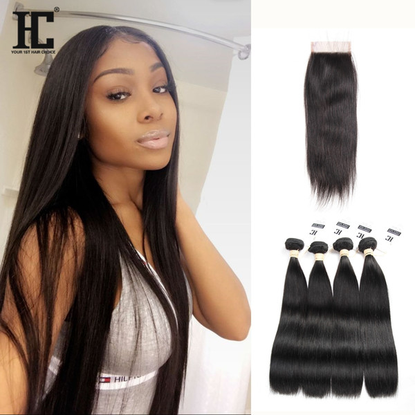 4 Bundles Peruvian Virgin Hair With Closure Straight Virgin Hair With Lace Closure Unprocessed Human Hair With Closure