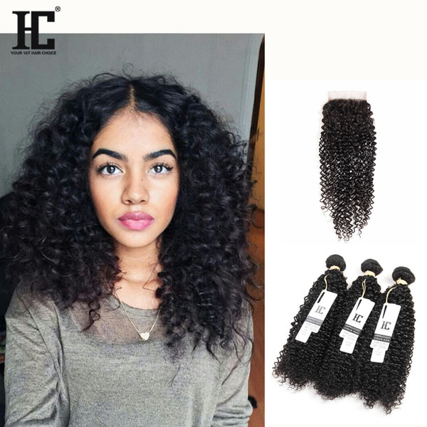 HC Brazilian Hair Bundles Kinky Curly Hair Extensions Weaves Closure 3 Bundles With Closure Kinky Curly Weave Human Hair Lace Closure