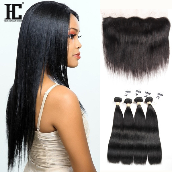 HC Hair Brazilian Virgin Hair Straight 4 Bundles with Lace Frontal Closure Unprocessed Brazilian Human Hair Bundles with Frontal