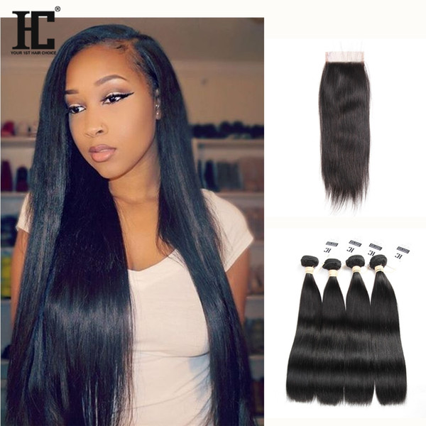 HC Peruvian Virgin Hair Bundles Straight Hair Weaves Human Hair with Closure Unprossced 4 Bundles with 4x4 Lace Closure Free Middle 3 Part