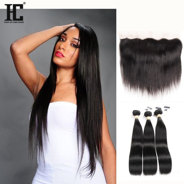 HC Brazilian Human Hair Bundles with Frontal Natural Color Straight Hair Weaves 13x4 Lace Frontal and 3 Bundles 4Pcs Cheap Hair Extensions