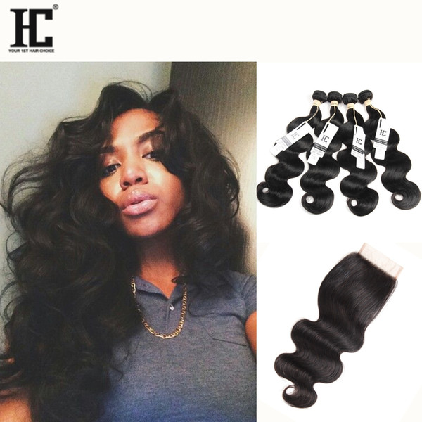 Top Lace Closure with 4Pcs Brazilian Human Hair Extensions Peruvian Indian Malaysian Cambodian Human Hair Weaves Brazilian Body Wave