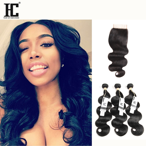 Top Lace Closure With 3 Pcs Brazilian Hair Bundles Peruvian Indian Malaysian Cambodian Virgin Human Hair Extensions Body Wave Hair Wefts