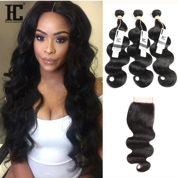 HC Human Hair Bundles With Closure 3 Pcs Brazilian Virgin Hair With Closure Body Wave Peruvian Malaysian Indian Hair Bundles With Closures