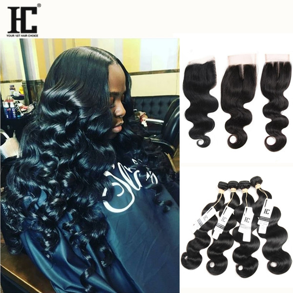 HC Hair Brazilian Hair Bundles Body Wave Human Hair Bundles With Closure Unprocessed Weaves Closure 4 Bundles With Closure Extensions