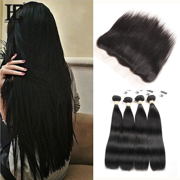 HC Brazilian Straight Human Virgin Hair Weaves with 13x4 Lace Frontal Ear to Ear Full Head Natural Color Can be Dyed Unprocessed Human Hair