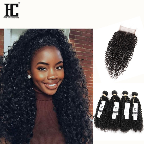 HC Hair Kinky Curly Virgin Hair 4 Bundles with Lace Closure Natural Black Brazilian Peruvian Indian Peruvian Jerry Curly Human Hair Bundles