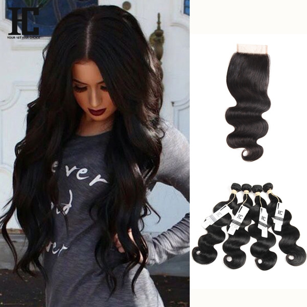 HC Malaysian Virgin Hair Body Wave 4 Bundles with Closure Baby Hair 5Pcs Lot 7A Malaysian Virgin Human Hair Bundles with Lace Closure