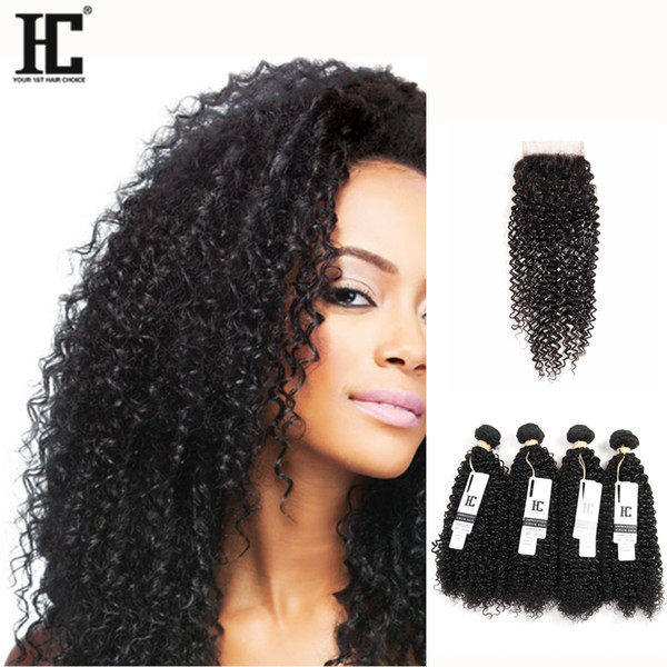 HC Peruvian Kinky Curly Human Hair Weaves With Closure 100% Virgin Human Hair 4 Bundles With Lace Closure Natural Color