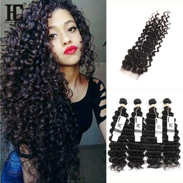 5Pcs Lot Malaysian Deep Wave Curly Virgin Hair With Closure Malaysian Lace Closure With 4 Bundles Malaysian Deep Wave Wavy Human Hair Weaves