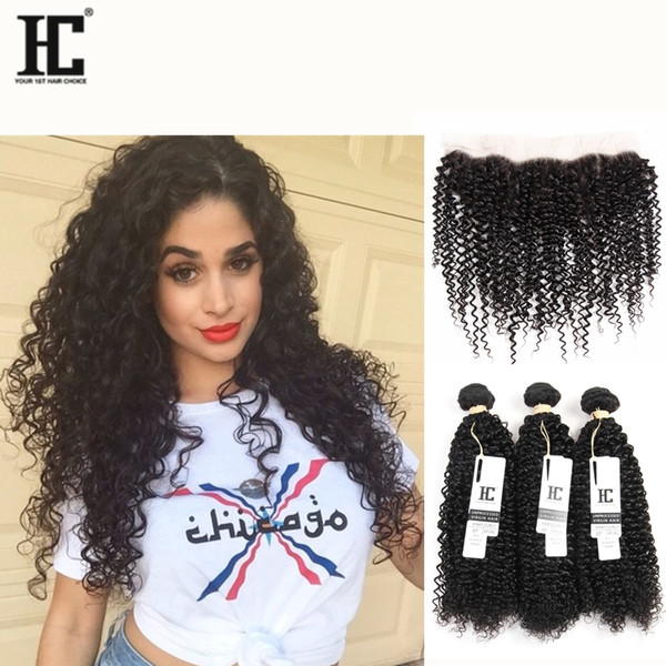 HC Hair Brazilian Kinky Curly Lace Frontal Closure with Bundles Brazilian Virgin Hair With Closure HC Hair 3 Bundles With Lace Frontal