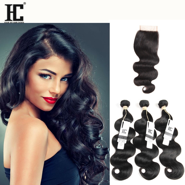 HC 8A Brazilian Virgin Hair with closure Extensions 3 Bundles Brazilian Body Wave With 4x4 Lace Closure Unprocessed Remy Human Hair Weave