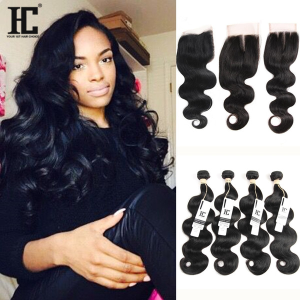 HC Hair Body Wave Malaysian Human Hair Products With Lace Closure 4Pcs Malaysian Virgin Hair Bundles with Lace Closure 4*4